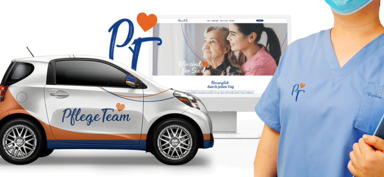 Pflegeteam Mockup mit Fahrzeug, Webseite und Kasack