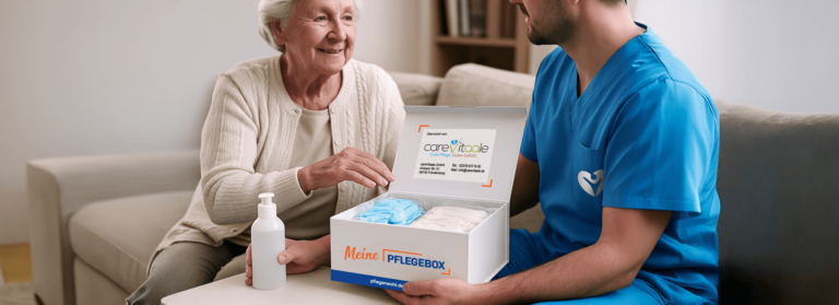 Pflegedienst der einer Patientin die Pflegebox überreicht